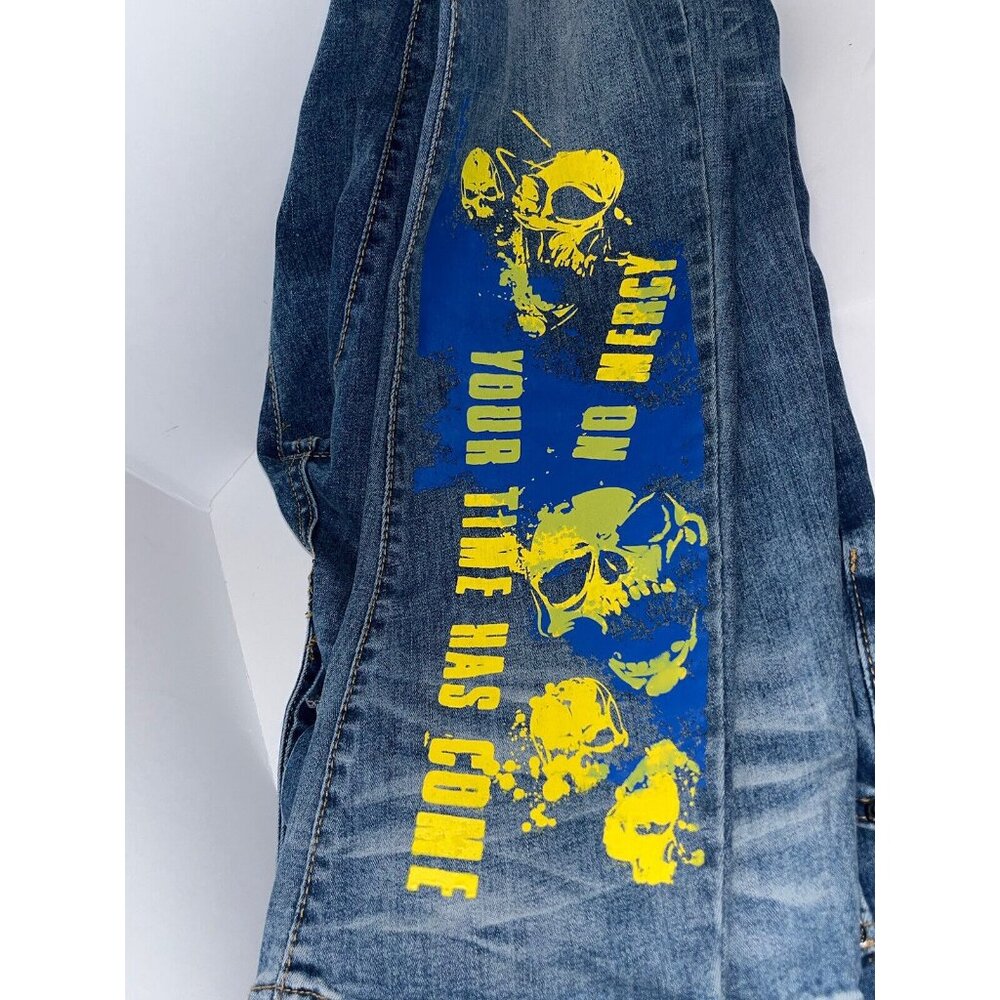 Mackeen Skull Jeans Men 42x32 Button Fly Denim Factory Painted Graphics
